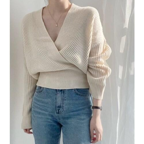 Women Knitted Sweaters V-neck Long Sleeve Office Lady Sweater Autumn Winter Fashion All-match Female Knitwear Pullover Sexy