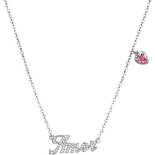 ZEMIOR Sterling Silver 925 Jewelry Heart Necklace Womens Pink Austria Crystal Letter Pendant Necklaces Hot Engagement Gift