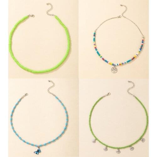 HuaTang Bohemian Colorful Beaded Choker Necklace for Women Girls Summer Shell Butterfly Pendant Necklace Jewelry Beach Collares