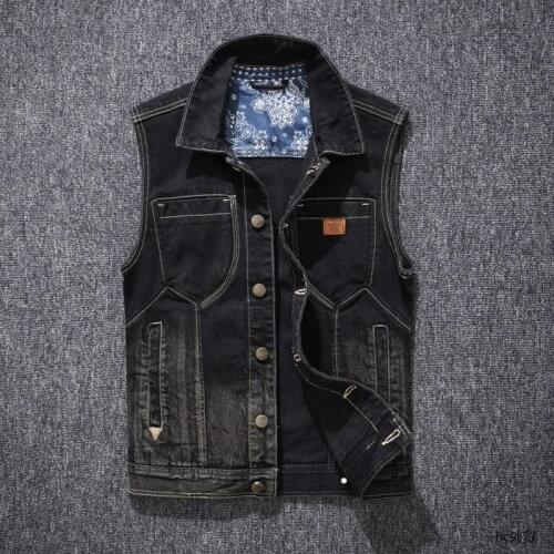 Men slim black denim vest trendy retro Jeans waistcoat sleeveless Coats Streetwear Cotton Soft Button Outerwear Turn down Collar