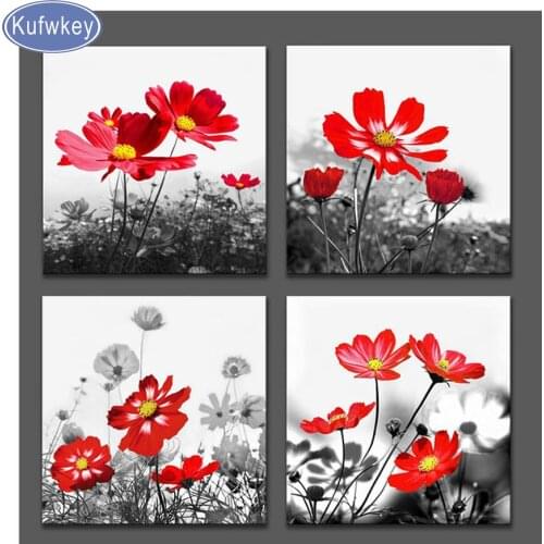 4 pcs Diamond Embroidery"red little sunflower"diamond painting rhinestones pictures full square round drill Diamond mosaic sale