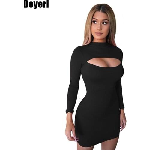 Black Sexy Party Bodycon Dress Women Autumn O Neck Hollow Out Bodycon Short Dress Long Sleeve Mini Club Dress Drop Shipping