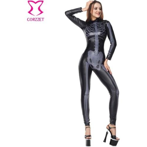 Black PVC Vinyl Long Sleeve Cosplay Skull Skeleton Catsuit Women Halloween Costume Scary Vampire Costumes Ghost Zombie Jumpsuit