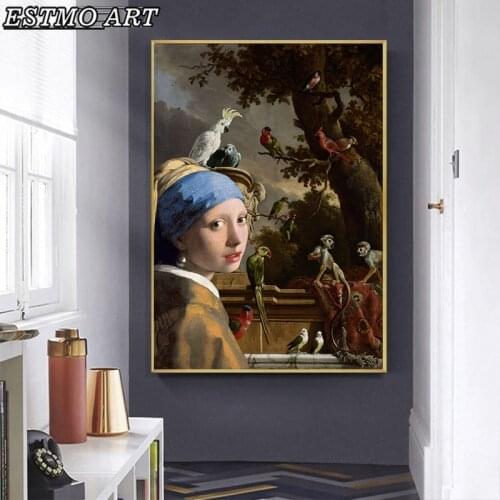 Creative classical Oil Painting Monkey and The Girl with Pearl Earring Posters Canvas print Portrait Painting Home wall decor