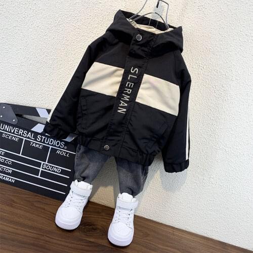 Boy Jacket Autumn Stitching Fashion 2021 Zipper Windbreaker Korean Embroidered Casual Hooded Lining Children Letter