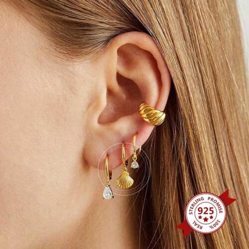 Summer Fashion Earrings 925 Sterling Silver Zircon Small Shell Shape Hoop Earrings Women Non-allergic Perforated Jewelry