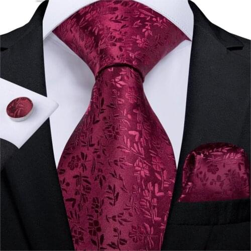 Fashion Mens Necktie Red Solid Floral Silk Wedding Tie For Men Hanky Cufflinks Gift Men Tie Set DiBanGu New Designer MJ-7263
