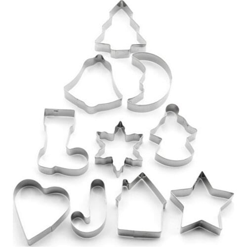 New 10PCS/Set Stainless Steel Christmas Cookie Cutters Xmas Tree Star House Bells Snowflake Baking Cake Biscuit Fondant Mold