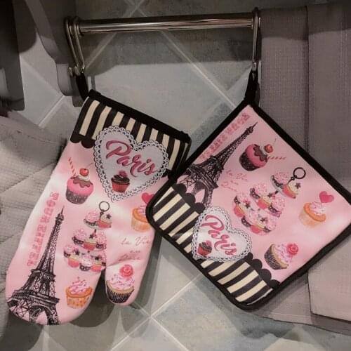Cupcakes Paris Potholders Oven Mitts Microwave Baking Gloves Insulation Gloves and Mat Polyester Kitchen Gloves for Cooking