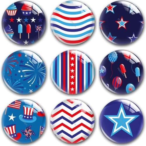 Handmade July 4th Stars Flag Blue Red Pattern Round Photo Glass Cabochons Demo Flat Back DIY Jewelry Making Findings Accessory