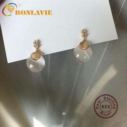 BONLAVIE Retro High-end 925 Sterling Silver Transparent Opal Earrings Simple and Cold Wind Luxury Earrings Female Jewelry