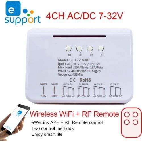 EWeLink Smart Wifi Switch 4Gang Universal Wireless Remote Control Receiver 433MHz RF Transmitter 12V 24V 220V Wifi Relay Module