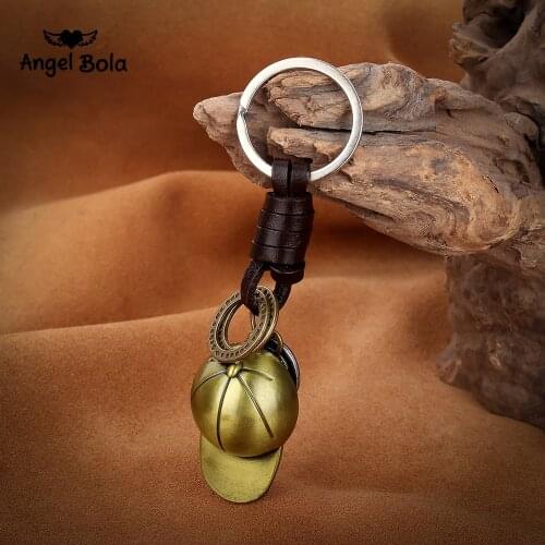 Vintage Copper Alloy Baseball Hat Genuine Leather Men Women Keychain Punk Hand Made Key Chain Car Keyring Drop Shipping