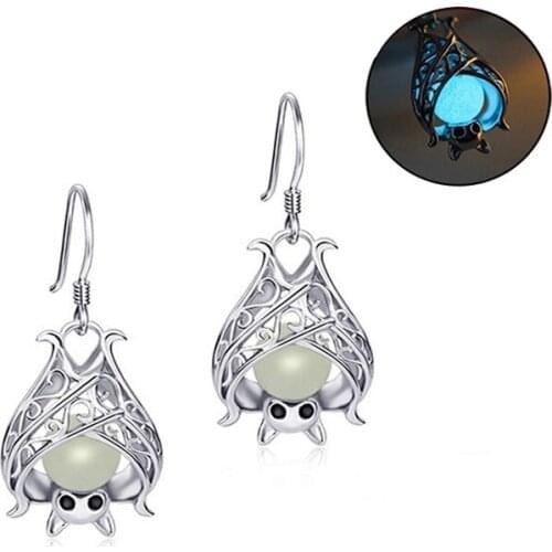 Xiaojing 925 Sterling Silver Color Glow in Dark Bat Stud Earrings for Women Cutout Small Earrings Fine Jewelry Free Shipping