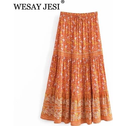 WESAY JESI 2021 Summer New Skirt Rayon Printed Elastic Waist Skirt Fashion Retro Temperament High Waist Holiday Style Long Skirt