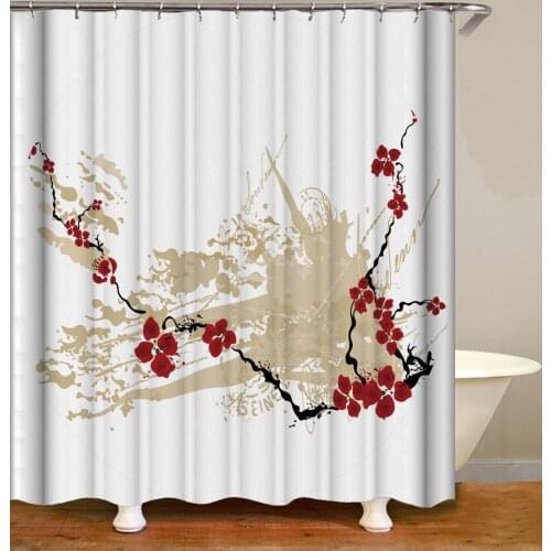 Plant Shower Curtain Retro Plum Pattern Bath Accessories with Hooks Waterproof Polyester Fabric Bathroom Decor
