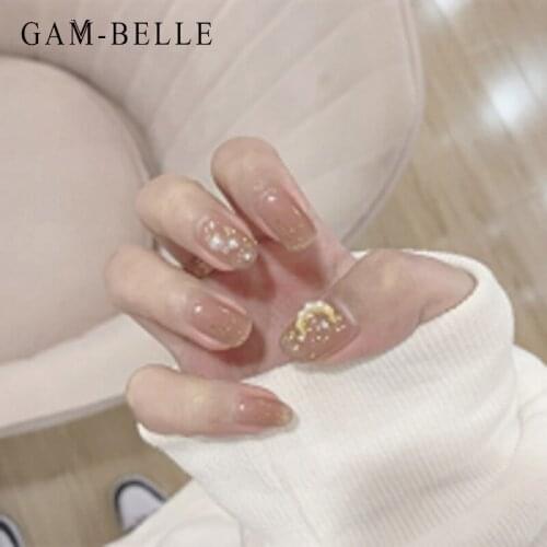 GAM-BELLE Gold Glitter 3D Pearl Nude Fake Nails With Glue Long Square Artificial False Nail Tips Press On Nails Manicure Tools