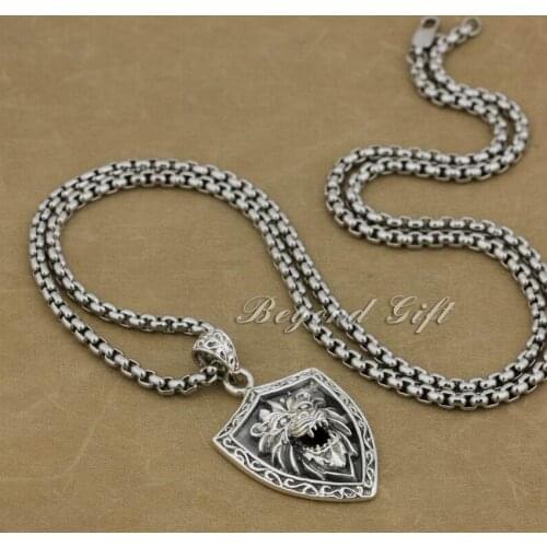 925 Sterling Silver Lion Shield Mens Biker Rocker Punk Pendant 9R011 with Stainless Steel Necklace 26inch