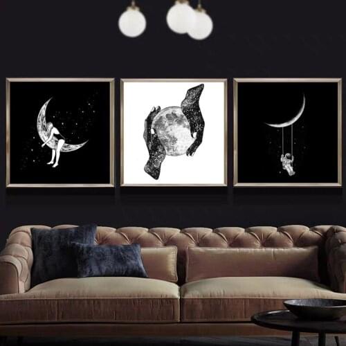 Nordic Abstract Black and White Space Moon Canvas Design Painting Living Room Painting Home Decoration Wall Art Printing Poster