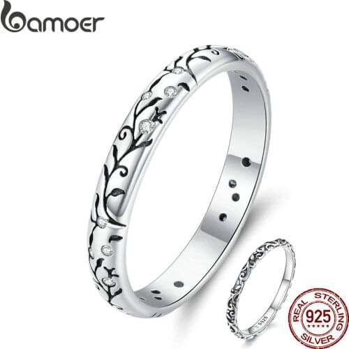 BAMOER 925 Sterling Silver Vine Pattern Finger Rings for Women Vintage Retro Stackable Rings Band Silver Fine Jewelry SCR659