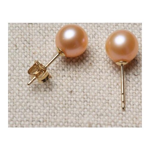 Free shipping>>>>noble jewelry Beautiful a pair 9--10mm AAA south sea round gold pink pearl stud earrings14k
