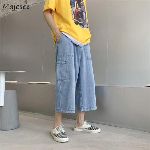Multi Pockets Jeans Men Oversized S-4XL Cargo Summer Calf-length Denim Trousers Male Breathable Baggy Elastic Waist Solid Blue