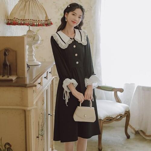 French Sweet Doll Collar Cute Kawaii Dress Autumn Black Vestido Lace Stitching Bow Knot Bandage Lovely Elegant Thin Retro Dress