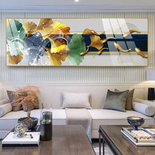Ginkgo Biloba Yellow Gold Fishes Crystal Porcelain Canvas Print Art Painting Poster and Print for Home Modern Decor Wall Picture