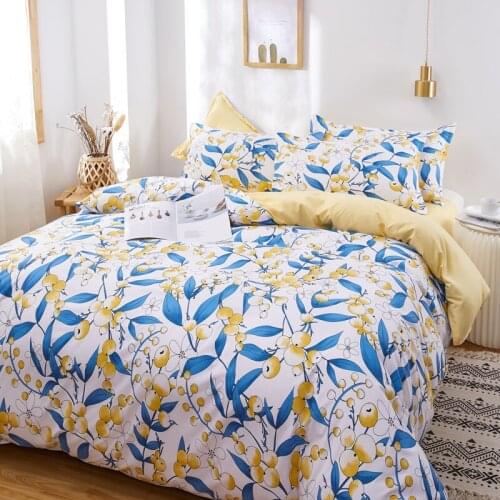 Chinese Yellow Bedding Set,Duvet Cover Pillowcase 3pcs 220x240 ,Blue leaf pattern Quilt Cover Double Queen King Size Bed Sets