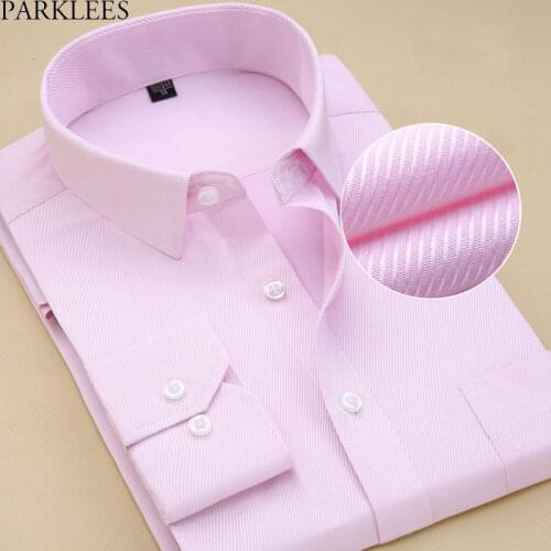 Mens Regular Fit Twill Texture Formal Shirt Slim Fit Long Sleeve Spread Collar Dress Shirt Pink Cotton High-quality Chemise 8XL