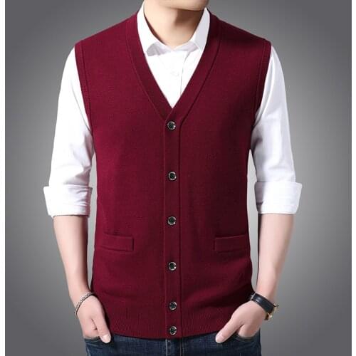 Man Wool Sweater Vest Autumn Solid Cashmere Cardigan Male Sleeveless Buttons Up Knit Coat