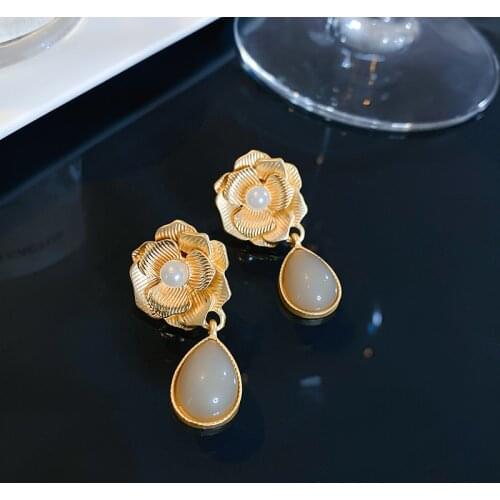 OLIRAFT 2021 Retro Simple Design Camellia Earrings Stereoscopic Flower Vintage Water Drop Artificial Opal Earrings For Women
