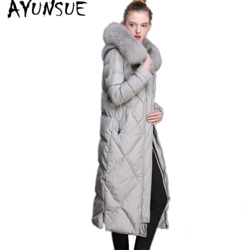 AYUNSUE Winter Womens Down Jacket Luxury Sheep Shearing Hooded Woman Long Coat Real Fox Fur Collar Thickening Overcoat 83058