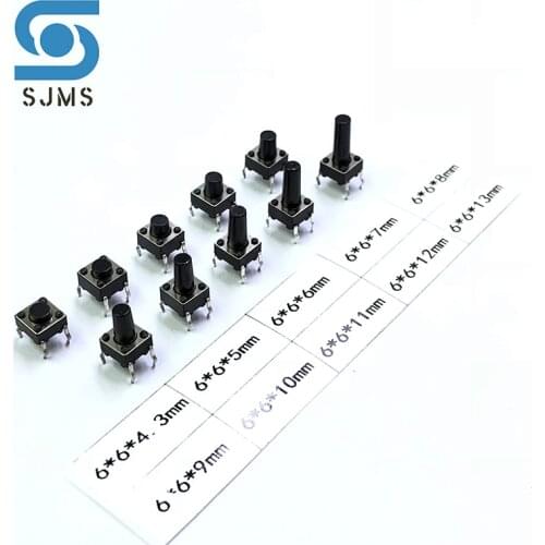 SJMS 20PCS Tact Tactile Push Button Switch 6X6 6*6*4.3/5/6/7/8/9/10/11/12/13mm DIP 4P Micro Switch 6X6 Key Switches For Arduino
