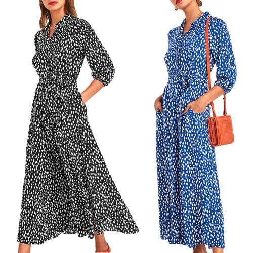 Vintage Floral Printed Pockets Maxi Dress Women Boho 3/4 Quarter Sleeve Dress Turn Down Collar Casual Buttons Up Shirt Dresses