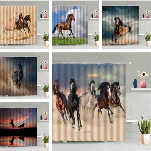 Running Galloping Horse Shower Curtain Grassland Pastoral Scenic Run Animal 3D Bathroom Wall Hanging Curtains Screen Decor Set