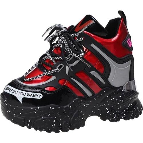 New Women Chunky Sneakers Woman Autumn Bling Wedges Casual Shoes Female Sequined Cloth 9cm High Platform Shoes