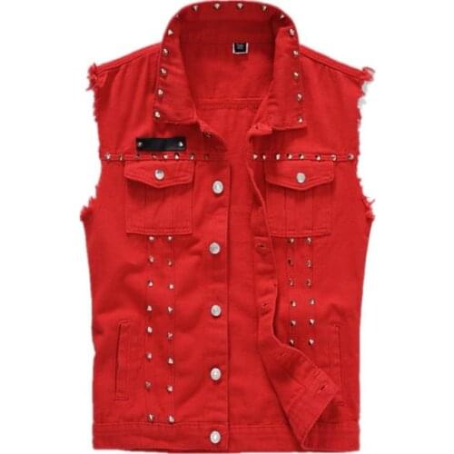 Mens Red Vests Hip Hop Rivet Sleeveless Vest Single Breasted Mens Slim Waistcoat Tops Men Boys Coats Jackets