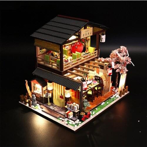 1Set Dollhouse with LED Bulb DIY Creation Wooded Japanese Sushi Restaurant Dollhouse for Children DIY Creation Wooded Japanese S