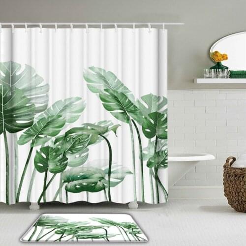 2Pcs/Set Green Plant leaves leaf Bathroom Curtain Set Waterproof Fabric Shower Curtains with Hooks Non-Slip Rug Toilet Bath Mat