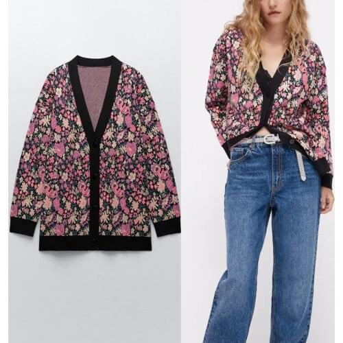 Za 2021 Jacquard Floral Knit Cardigan Women Long Sleeve V Neck Winter Sweaters Chic Button Up Feminine Vintage Loose Cardigans