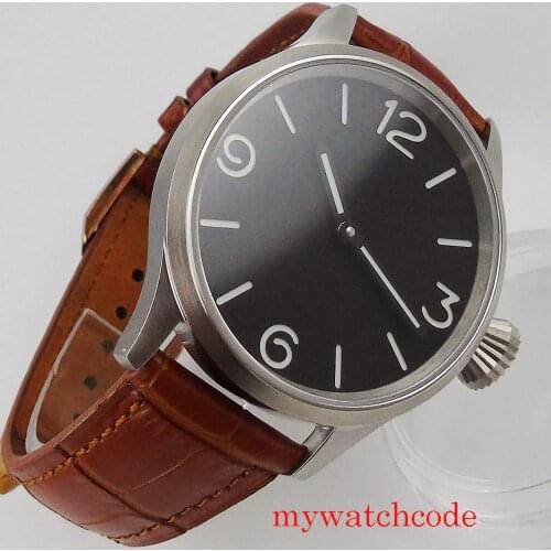 44mm CORGEUT Black Sterile Dial 6497 Mechanical Hand Winding Movement Men Watch Glass Back Leather Band