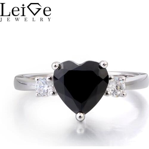 Leige Jewelry Cocktail Party Rings Natural Black Spinel Ring Black Gems Heart Cut Gemstone 925 Sterling Silver Ring for Women