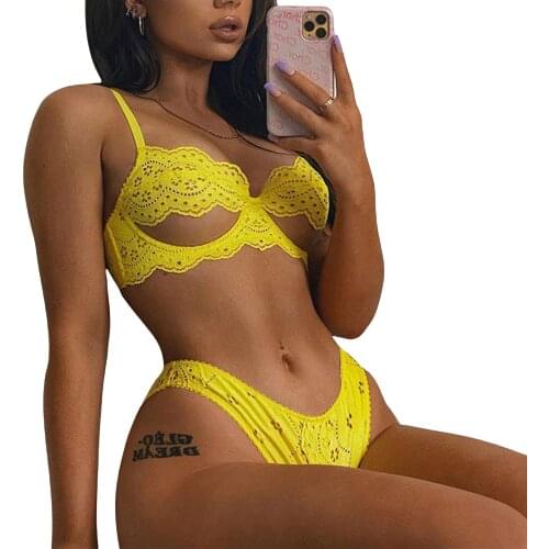 2 Pieces Female Lingerie Set, Solid Color Lace Trim Hollow Out Bra+ Panties for Women,Lace cut-out Underwear Set