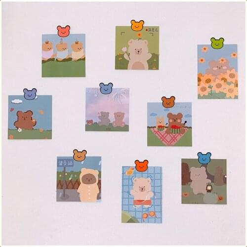 Korea Ins Cartoon Cute Bear Creative Decorative Card 9 Sheets Single Side Postcard Student Greeting Cards Kawaii Wall Sticker