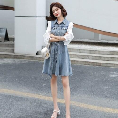 Summer Womens Dress New Fashion Ladies Loose Blue Slimming Temperament Chiffon Stitching Retro Midi Denim Dresses Female M899