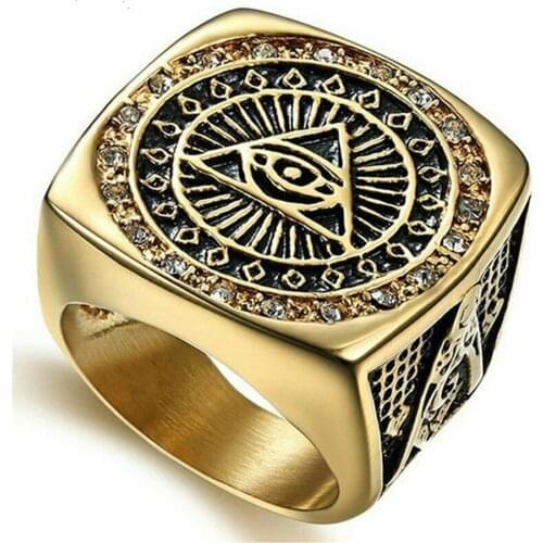 Mens Masonic Illuminati All Seeing Eye Gold Diamond Square Ring Size 7-15