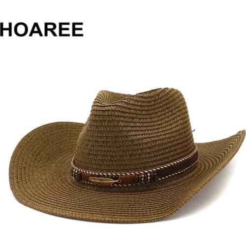 HOAREE Sun Hats For Men Women Straw Cowboy Hat Wide Brim Panama Beach Summer Hat 2021 Vintage Decoration Fedora Caps