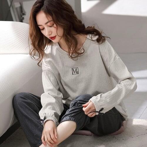 Pajamas Womens Spring Autumn Sleepwear 2 Piece Set Double-Side Pure Cotton Long-Sleeved Ladies Cartoon Home Suit Pijama Mujer