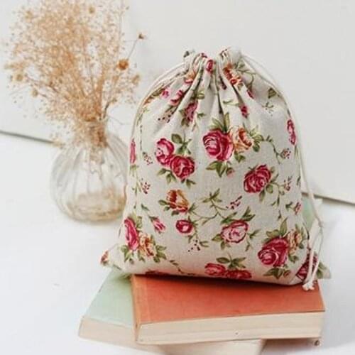 Rose Pattern Linen Jewelry Gift Bags 8x10cm 9x12cm 10x15cm 13x17cm Party Candy Sack Makeup Drawstring Pouch